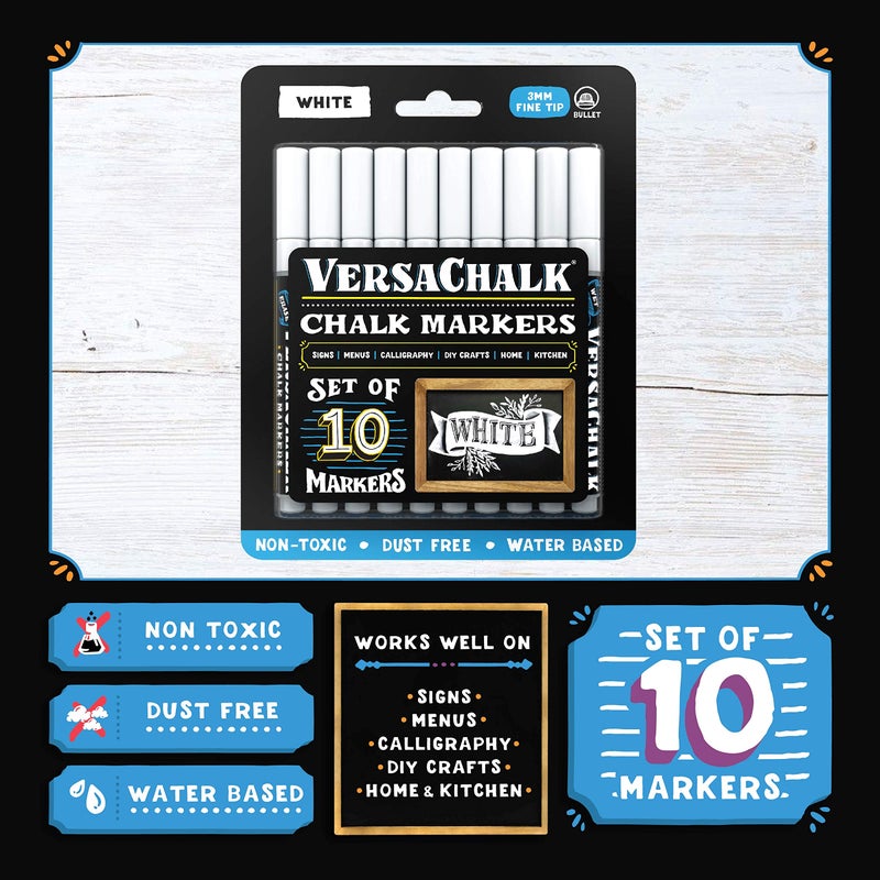 VersaChalk White Liquid Chalk Markers for Blackboards (Pack of 10, 3mm, Fine Tip) - Erasable Washable Chalk Pens for Chalkboard Signs, Windows an Non-Porous surfaces - Image 3